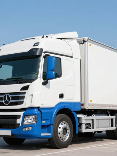 Bright commercial photography of a modern Class 8 truck profile parked in crisp morning daylight, clean white and blue exterior, high-end editorial style