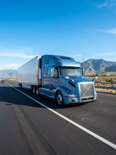 Bright commercial photography of a modern Class 8 semi-truck on an open North American highway during crisp morning daylight, clean blue sky, wide-angle lens