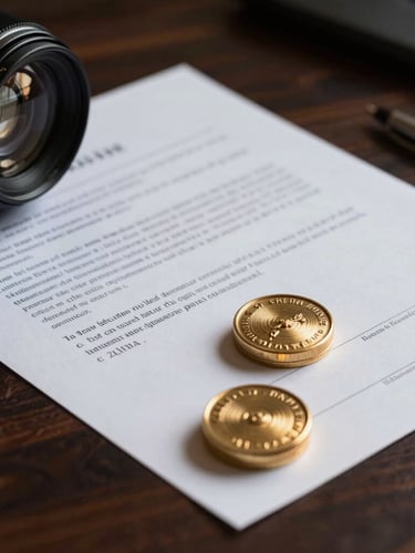 Macro close-up of forensic financial documents on a dark oak desk, sharp focus on legal seals, low-key dramatic lighting with gold highlights