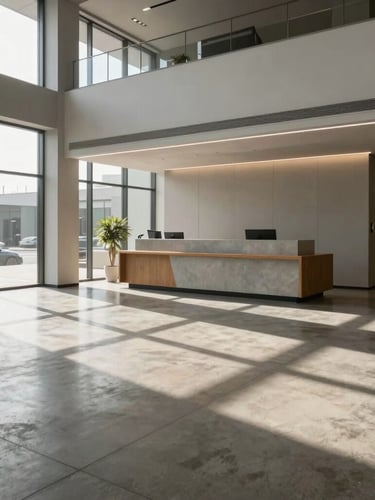 Wide-angle architectural shot of a sunlit modern office lobby, clean concrete floors reflecting soft window light, minimalistic reception desk in the background.