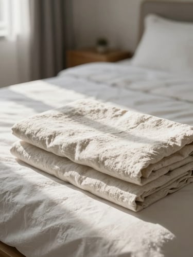 A sunlit, minimalist Airbnb bedroom featuring crisp linen folds on a made bed, bright diffused natural daylight, shallow depth of field