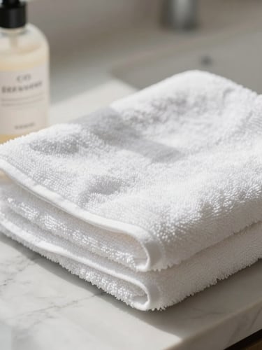 Shallow depth of field close-up of a neatly folded white linen towel next to a glass bottle of eco-friendly soap on a clean marble countertop, bright morning light