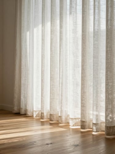 A sunlit, minimalist living room with clean lines, light wood floors, and soft linen curtains, captured in sharp focus with natural light.