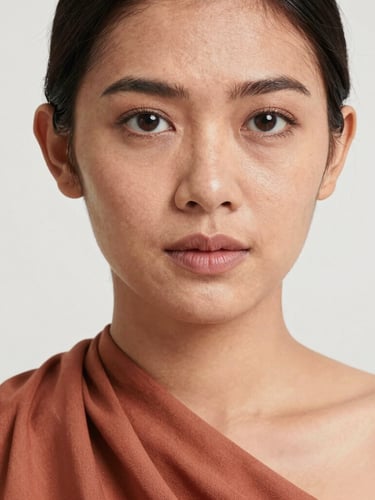 Close-up portrait of an Indonesian woman with clean natural skin texture, neutral diffused daylight, draped with a terracotta fabric swatch near her collarbone, sharp focus, 50mm lens