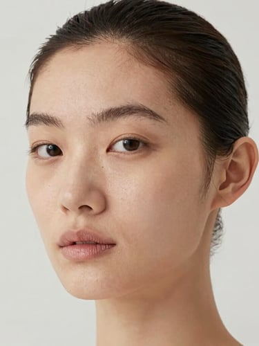 Close-up portrait of a face with natural skin texture, soft neutral daylight from the side, clean minimalist studio background, 50mm lens