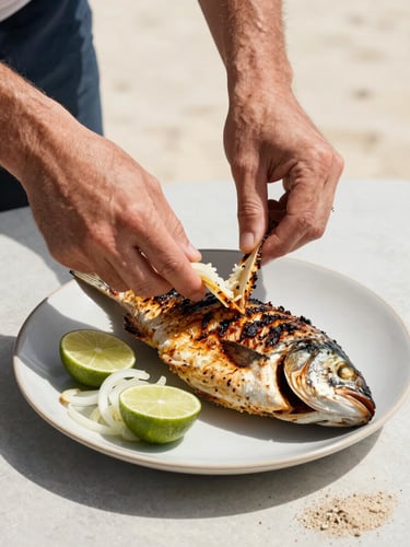 Close-up of hands pulling apart a grilled whole fish on a ceramic plate at a beach table, lime halves and pickled onions on the side, natural midday light casting short shadows, sand visible at the edge of the frame, no studio, no white background