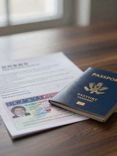 A close-up of an official visa document and passport on a dark oak desk, soft window light, shallow depth of field, 35mm
