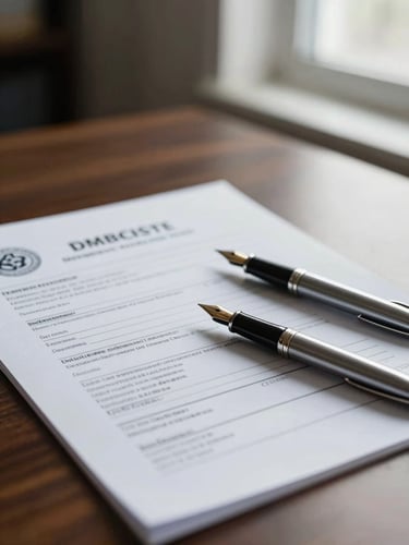 A close-up of official immigration documents and a classic fountain pen on a dark walnut desk, soft window light, shallow depth of field, 35mm