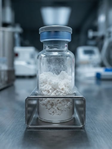 Clinical macro photography of a sterile lyophilized powder vial inside a cold-lit laboratory, sharp focus, 85mm lens