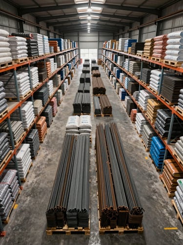 Wide environmental shot inside a large industrial warehouse, floor-to-ceiling steel shelving stacked with pallets of bundled rebar, bagged cement, and roofing rolls, overcast overhead warehouse lighting casting even shadowless illumination across the full inventory depth, bird's-eye perspective showing organized pallet grid lanes extending far into background