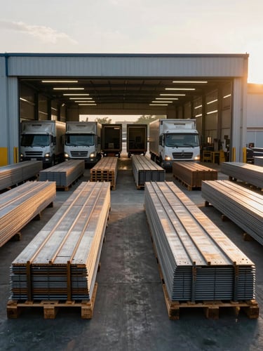 Wide environmental shot of an organized warehouse loading dock at golden hour, pallets of bundled steel profiles stacked in tight rows with delivery trucks visible at the open bay doors, warm exterior light cutting across the steel surfaces from the right, cool overhead warehouse lighting inside — a clean contrast of exterior warmth and interior precision