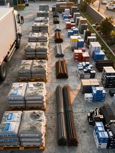 Wide-angle job-site establishing shot of an organized material staging area — pallets of cement bags, bundled rebar, and boxed hardware supplies arranged in parallel rows on a concrete slab, delivery truck visible at the left edge, golden-hour daylight raking across the inventory from the right