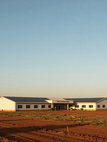 Wide environmental shot of a modern farm headquarters in Mato Grosso do Sul, solar panels on roof, sweeping golden hour horizon, 35mm