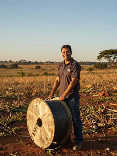 A friendly local technician smiling naturally, holding a fiber optic cable spool, warm golden-hour sunlight in Bela Vista, Mato Grosso do Sul, wide environmental framing, 35mm