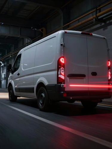 Low-angle wide shot of a sleek delivery vehicle speeding through a dark industrial corridor with dramatic crimson red taillight streaks and subtle motion blur.