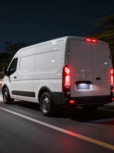 Sleek delivery vehicle in motion with speed blur, dramatic night lighting with red taillight streaks, low-angle wide shot.