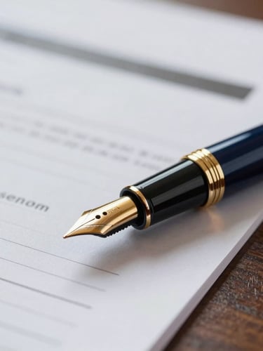 Close-up of a fountain pen resting on financial documents, soft natural light reflecting on dark polished wood, deep navy and gold tones, professional corporate photography, editorial 35mm