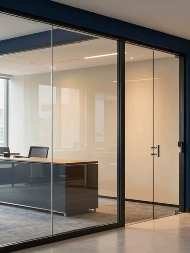 Sober modern corporate office interior, a clean glass partition reflecting soft window light, deep navy blue accents, minimalist architecture, professional editorial photography