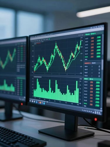 Macro crop of dual-monitor financial data visualization with glowing green charts under cool blue-hour office light, sharp focus