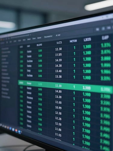 Macro-level crop of financial software interface showing real-time ledger data stream, cool blue-hour office light, deep obsidian and sharp jade tones
