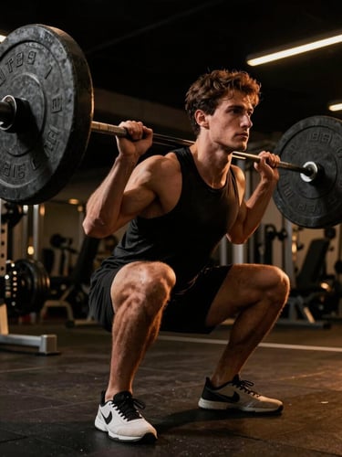 Dynamic low-angle action shot of a trainer adjusting a member's barbell squat form, dramatic high-contrast gym lighting, warm ambient glow