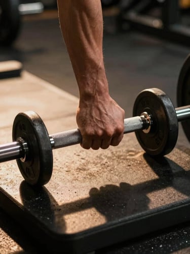 Dramatic low-angle shot of a hand gripping a knurled barbell on a platform, high-contrast gym lighting with warm amber highlights, sharp focus, 35mm lens