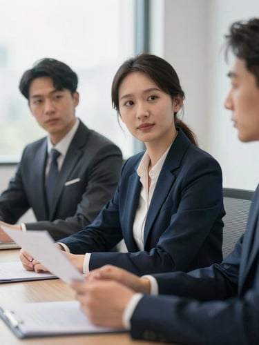 Focused corporate professionals collaborating in a modern boardroom under soft natural window light, shallow depth of field, professional editorial style