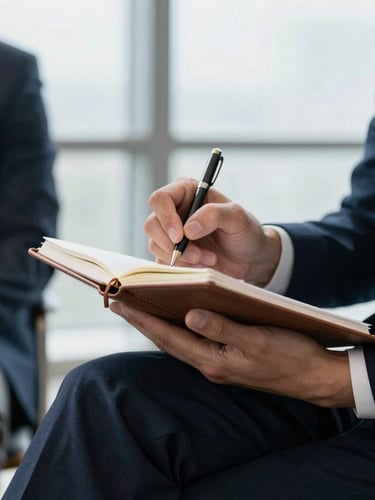 Close-up of a professional taking structured notes in a leather notebook during a strategic corporate meeting, soft natural office light