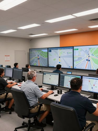 Interior shot of GBB, LLC's state-of-the-art dispatch center, with large monitors displaying GPS fleet tracking and technicians at workstations, industrial slate and orange tones, bright clean lighting, 35mm.