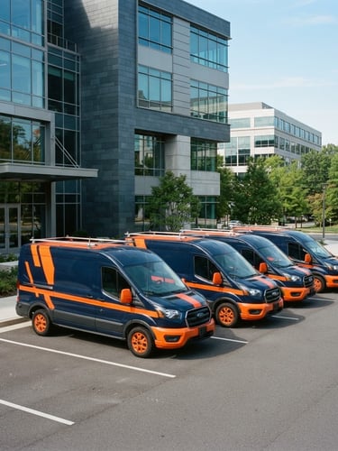 Branded GBB, LLC service vehicle, dark navy with safety-orange accents, parked in a neat formation in front of a modern commercial building in Bethesda, crisp daylight, architectural framing, 35mm, portrait aspect.