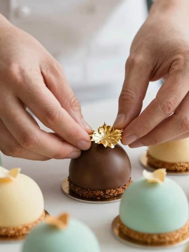 Hands of a pastry chef carefully placing a delicate gold leaf on a chocolate dessert, warm natural light, shallow depth of field, 35mm