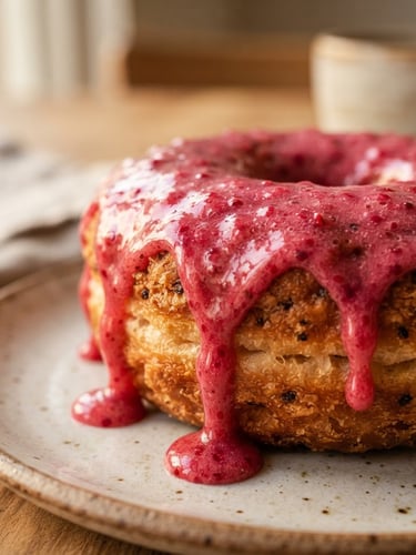 Close-up of vibrant raspberry glaze dripping slowly over a perfectly textured pastry, warm natural afternoon light, high definition editorial photography