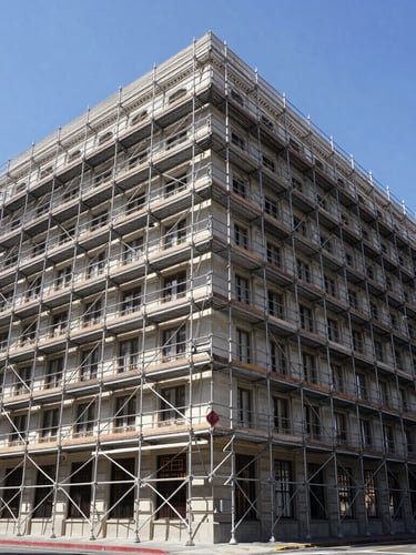 Wide architectural shot of a multi-story historic building on Wilshire Boulevard enclosed in perfectly aligned steel scaffolding, bright Southern California sun