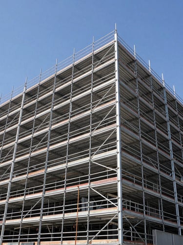 Wide-angle architectural shot of high-contrast steel system scaffolding perfectly aligned on a modern Los Angeles commercial structure under bright Southern California sunlight.