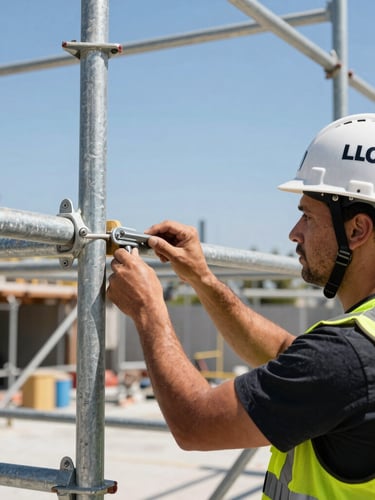 Close-up of a professional scaffolding inspector in a clean branded hardhat and safety vest, inspecting a steel locking pin on an LA job site, bright direct Southern California sunlight.