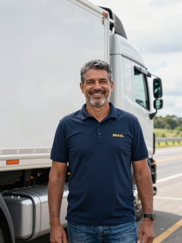 Dignified portrait of a professional Brazilian male truck driver in his 40s, smiling warmly, standing next to a modern clean cargo truck cabin, bright natural daylight, highway background.