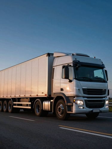 Wide-angle twilight shot of a modern Brazilian cargo truck driving on a clean, open highway, crisp lighting, deep blue sky with a hint of warm horizon.