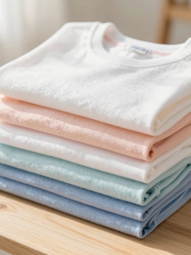 Close-up of a neat stack of freshly folded pastel-colored cotton t-shirts on a clean wooden table, soft morning sunlight, airy domestic atmosphere, 35mm lens