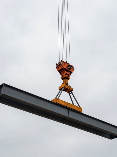 Wide-angle dramatic shot of a massive crawler crane lifting a structural steel beam on an industrial jobsite, overcast sky, desaturated tones with safety orange accents