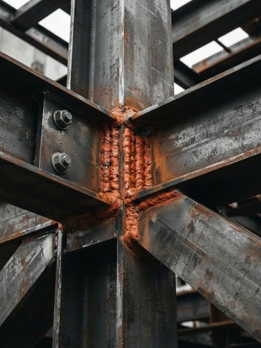 Extreme close-up of a heavy structural steel joint, thick orange welds, desaturated steel plates, dramatic overcast daylight, sharp focus, 35mm