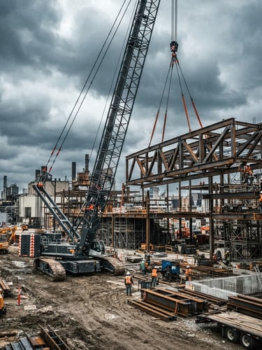 Wide-angle dramatic overcast shot of a heavy-duty crawler crane lifting massive structural steel beams on a high-contrast industrial jobsite, desaturated steel tones with sharp safety orange accents, 35mm.