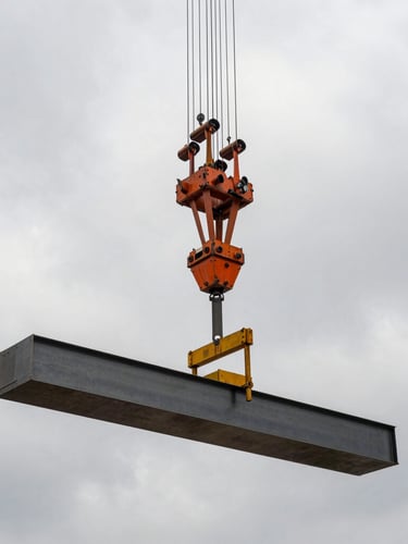 High-contrast industrial photography of a massive crawler crane lifting a heavy steel I-beam on an active construction site, dramatic overcast sky, desaturated tones