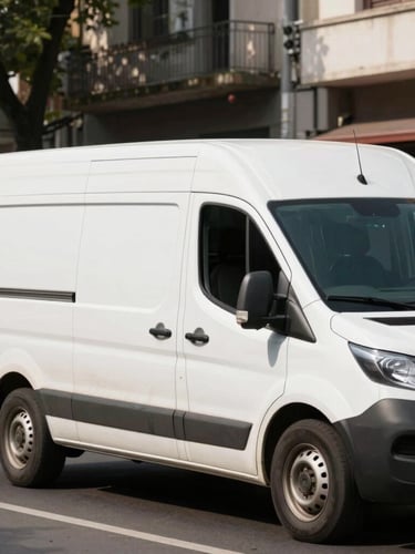 Eye-level cinematic shot of a clean white delivery van driving through a Montevideo street, bright natural daylight, crisp focus on the vehicle side.