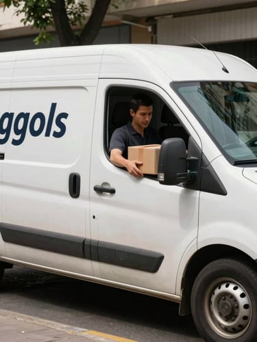 Medium shot of a clean, professional Moggols Go delivery vehicle parked on a sunny Montevideo street, driver preparing a secure cardboard package in natural daylight