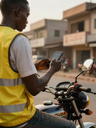 Close-up from below, natural golden-hour daylight, an okada motorcycle rider in a yellow vest pausing at a West African street corner, phone in hand mid-transaction, urban storefronts blurred in background