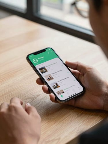 Close-up overhead flat-lay of a real estate agent's hand scrolling a mobile dashboard on a smartphone, WhatsApp notifications visible, property listings and lead scores on screen, warm natural daylight from a nearby window, wooden desk surface, Abidjan urban setting visible through background
