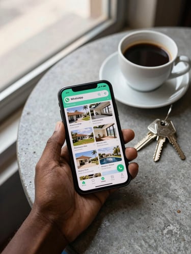 Close-up overhead flat-lay of a hand holding a smartphone showing a WhatsApp listing thread with property photos visible on screen, a cup of coffee and a set of apartment keys resting on a concrete table beside the phone, warm overcast daylight from a nearby window, West African urban setting