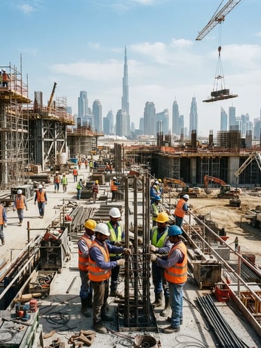 Wide-angle industrial construction site in Dubai, diverse workers in safety vests and helmets under bright daylight, sharp focus, 35mm
