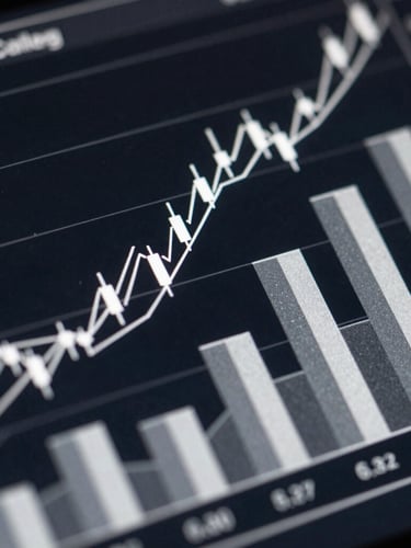 Tight macro shot of financial charts on a high-resolution dark screen, clean white lines and slate gray bars, sharp focus