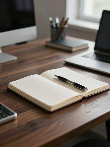 Clean, structured office workspace, daylight, professional environment with a single notebook and pen on a dark wood table